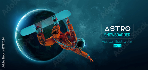 Abstract silhouette of a snowboarding in space action and Earth, Mars, planets on the background of the space. The snowboarder man doing a trick. Carving. Vector 3d render illustration