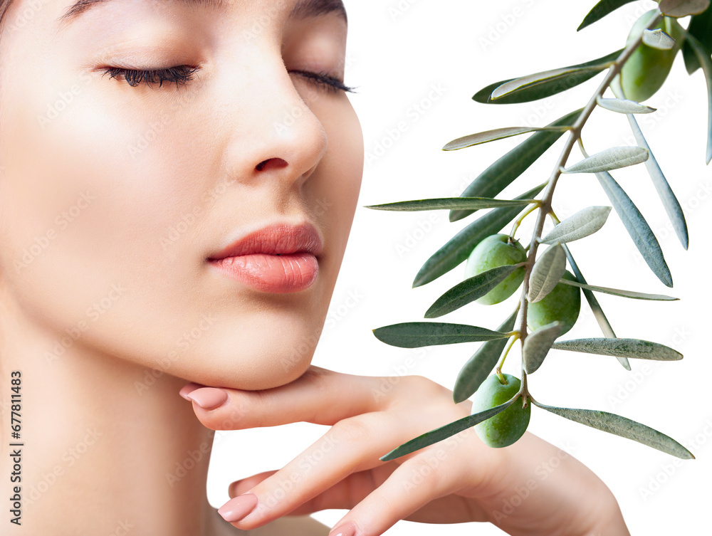 Beautiful young woman near green natural olive leaves. Beautiful young woman near green natural olive leaves.