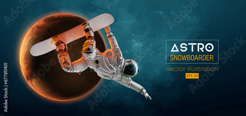 Abstract silhouette of a snowboarding in space action and Earth, Mars, planets on the background of the space. The snowboarder man doing a trick. Carving. Vector 3d render illustration