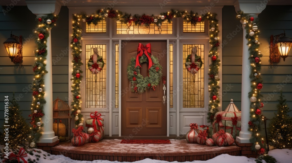  a front porch decorated for christmas with a wreath and wreaths on the front door and wreaths on the side of the door.