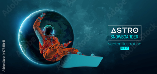 Abstract silhouette of a snowboarding in space action and Earth, Mars, planets on the background of the space. The snowboarder man doing a trick. Carving. Vector 3d render illustration