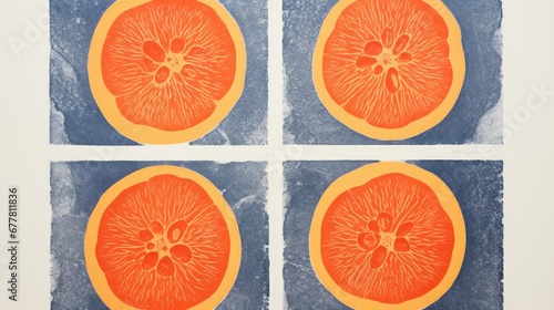  four pieces of orange on a blue and white background  each with a section of a grapefruit cut in half.