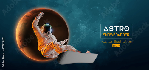 Abstract silhouette of a snowboarding in space action and Earth, Mars, planets on the background of the space. The snowboarder man doing a trick. Carving. Vector 3d render illustration