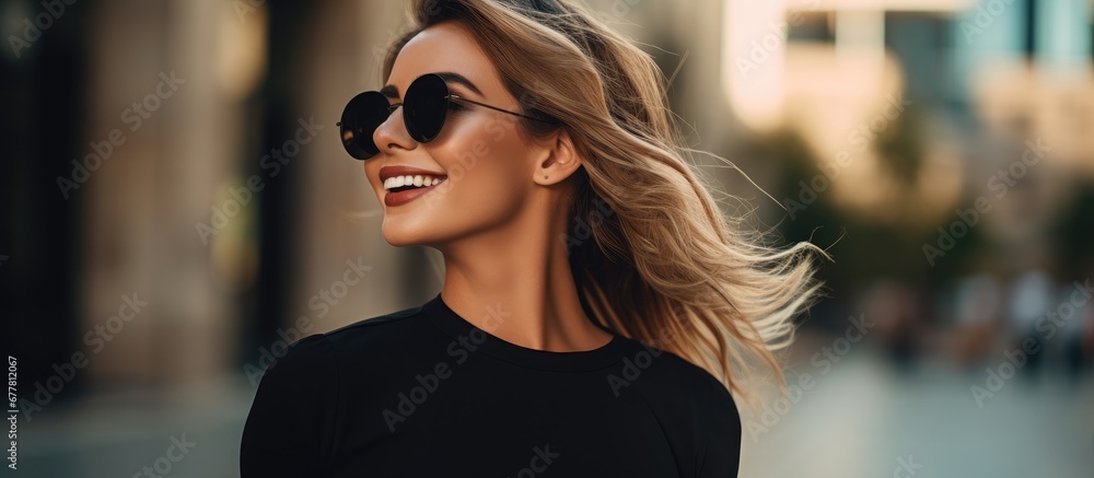 The stylish woman in the city is a business savvy girl who embraces summer fashion with her radiant smile perfectly styled hair and trendy retro black outfit exuding beauty and luxury while - obrazy, fototapety, plakaty 