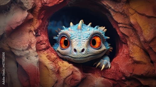  a close up of a gecko looking out of a hole in a rock wall with a red and yellow eyeball in the center of it's eyes. photo