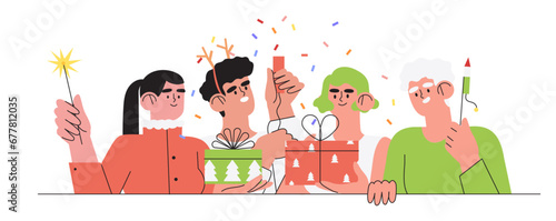 Happy family near christmas tree together give gifts or presents. Christmas and new year preparations banner, flyer, landing page. Trendy characters celebrate winter holidays and x-mas at home.