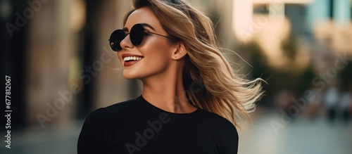 The stylish woman in the city is a business savvy girl who embraces summer fashion with her radiant smile perfectly styled hair and trendy retro black outfit exuding beauty and luxury while photo