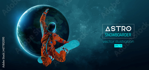 Abstract silhouette of a snowboarding in space action and Earth, Mars, planets on the background of the space. The snowboarder man doing a trick. Carving. Vector 3d render illustration