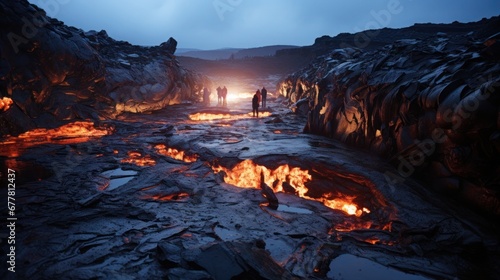 Hikers on the edge of the inferno: observing flowing lava at dusk.