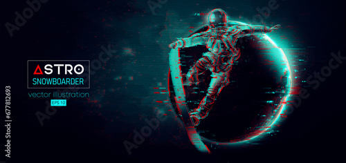 Abstract silhouette of a snowboarding in space action and Earth, Mars, planets on the background of the space. The snowboarder man doing a trick. Carving. Vector 3d render illustration