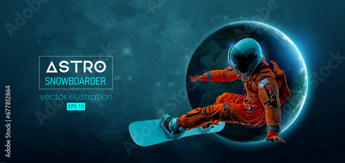 Abstract silhouette of a snowboarding in space action and Earth, Mars, planets on the background of the space. The snowboarder man doing a trick. Carving. Vector 3d render illustration