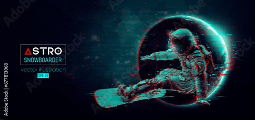Abstract silhouette of a snowboarding in space action and Earth, Mars, planets on the background of the space. The snowboarder man doing a trick. Carving. Vector 3d render illustration