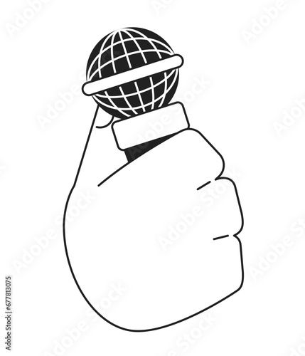Mic holding cartoon hand outline illustration. Standup comedian 2D isolated black and white vector image. Speaking into microphone. Reportage. Karaoke singer flat monochromatic drawing clip art