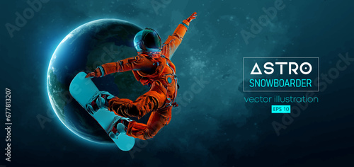 Abstract silhouette of a snowboarding in space action and Earth, Mars, planets on the background of the space. The snowboarder man doing a trick. Carving. Vector 3d render illustration
