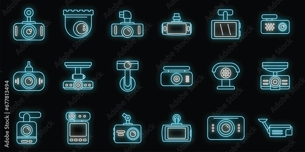 Digital DVR icons set. Outline set of digital DVR vector icons neon color on black Digital DVR icons set. Outline set of digital DVR vector icons neon color on black