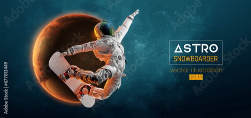 Abstract silhouette of a snowboarding in space action and Earth, Mars, planets on the background of the space. The snowboarder man doing a trick. Carving. Vector 3d render illustration