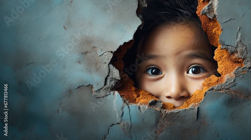  a close up of a child's face peeking out of a hole in a wall with paint peeling off of the wall and a paint chipping off of the wall. photo