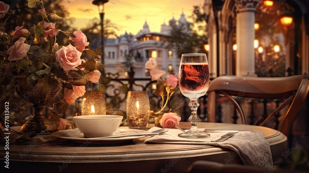  a table topped with a glass of wine next to a plate of food and a vase filled with pink roses.