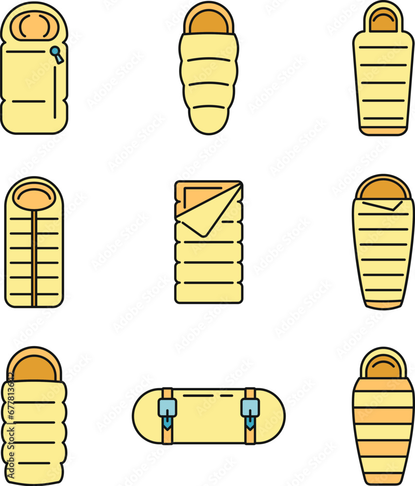 Fabric sleeping bag icons set. Outline set of fabric sleeping bag vector icons thin line color flat on white Fabric sleeping bag icons set. Outline set of fabric sleeping bag vector icons thin line color flat on white
