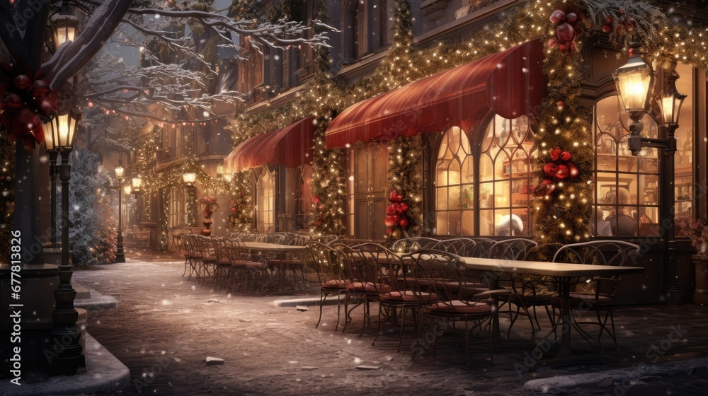  a snowy street with tables and chairs in front of a building with christmas lights on the windows and a red awning.