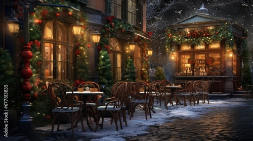  a night scene of a restaurant with christmas decorations on the outside of the building and tables and chairs on the outside of the building.