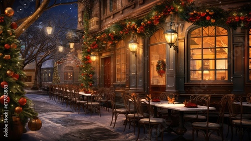  a painting of a christmas tree outside of a restaurant in a city at night with lights on the windows and a decorated christmas tree in front of the restaurant.