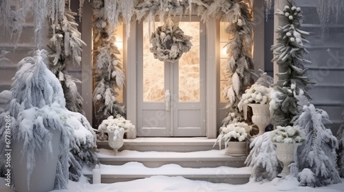  a winter scene of a front door with snow covered trees and a wreath on the front door of a house.