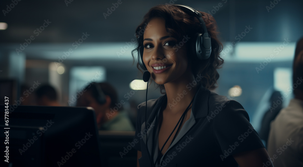 Smiling Customer Support Specialist in Modern Call Center Environment