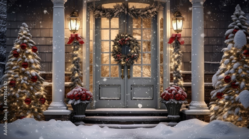  a front door decorated for christmas with a wreath and wreath on the front of the door and a wreath on the side of the door.