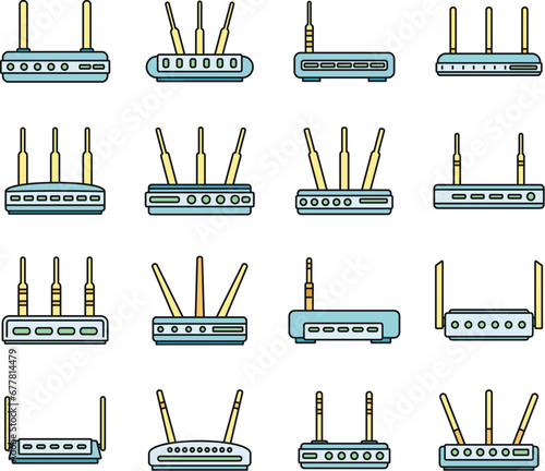 Modern router icons set. Outline set of modern router vector icons thin line color flat on white