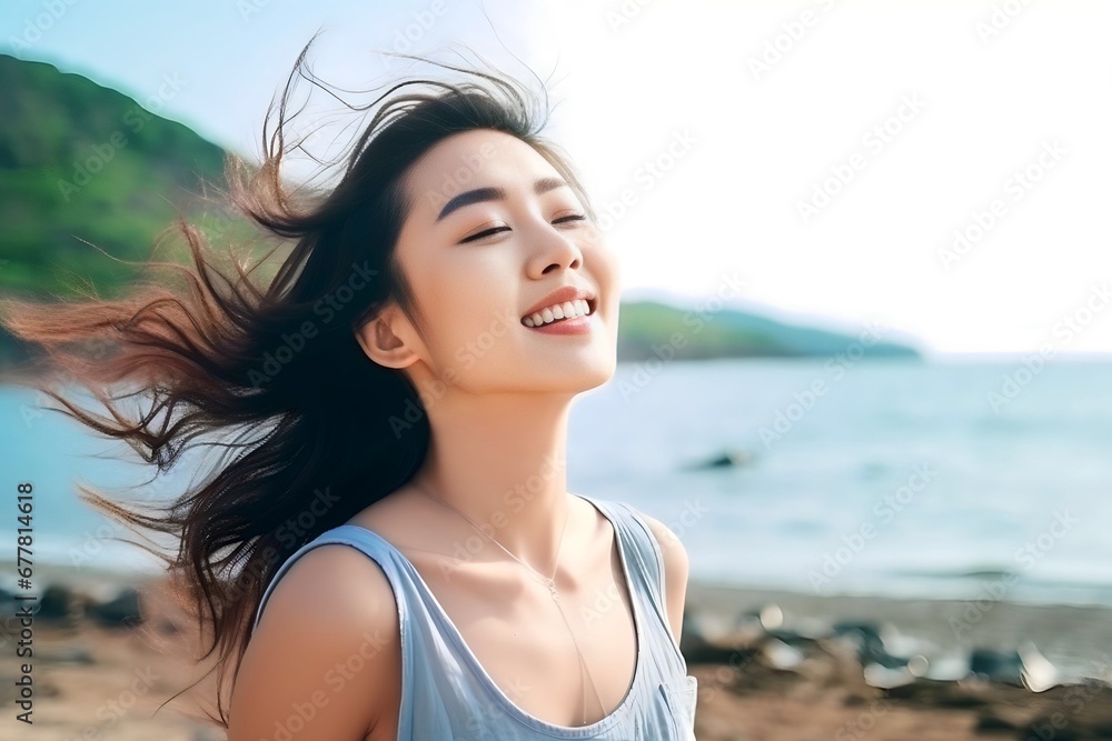 asian woman stretching her arms enjoying vacation on the beach