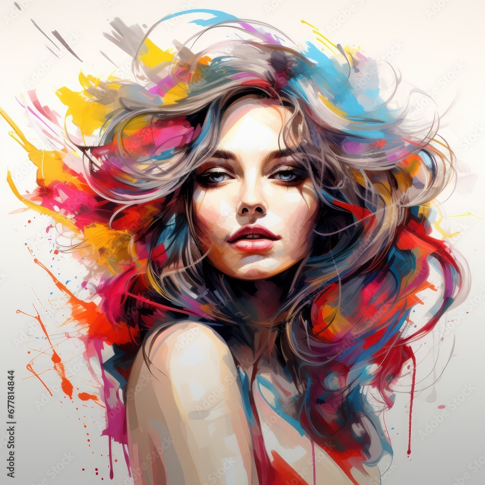 Colorful beautiful girl or woman splash painting art style for t-shirt clipart design