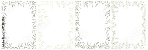 Floral eucalyptus vertical banner frame, line art hand drawn eucalyptus leaves, vector wreath illustration for card or wedding invitation. Isolated on white background