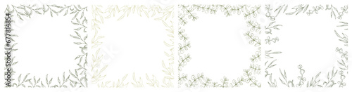 Floral eucalyptus square banner frame set, line art hand drawn eucalyptus leaves, vector wreath illustration for card or wedding invitation. Isolated on white background