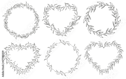 Floral circle and heart frame set, line art hand drawn eucalyptus leaves wreath, vector illustration for card or wedding invitation. Isolated on white background