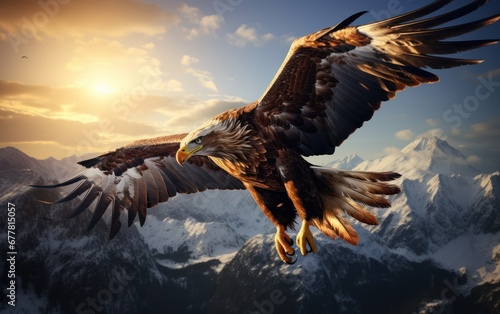 Illustration of an eagle flying, both wings open, against a background of snow-covered mountains © Matthew
