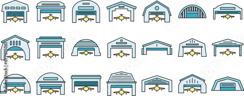 Airport hangar icons set. Outline set of airport hangar vector icons thin line color flat on white