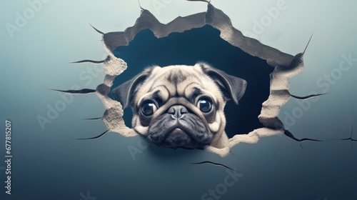  a pug dog looking out of a hole in the wall with its head sticking out of it's hole, with the background of a blue wall with cracks. photo