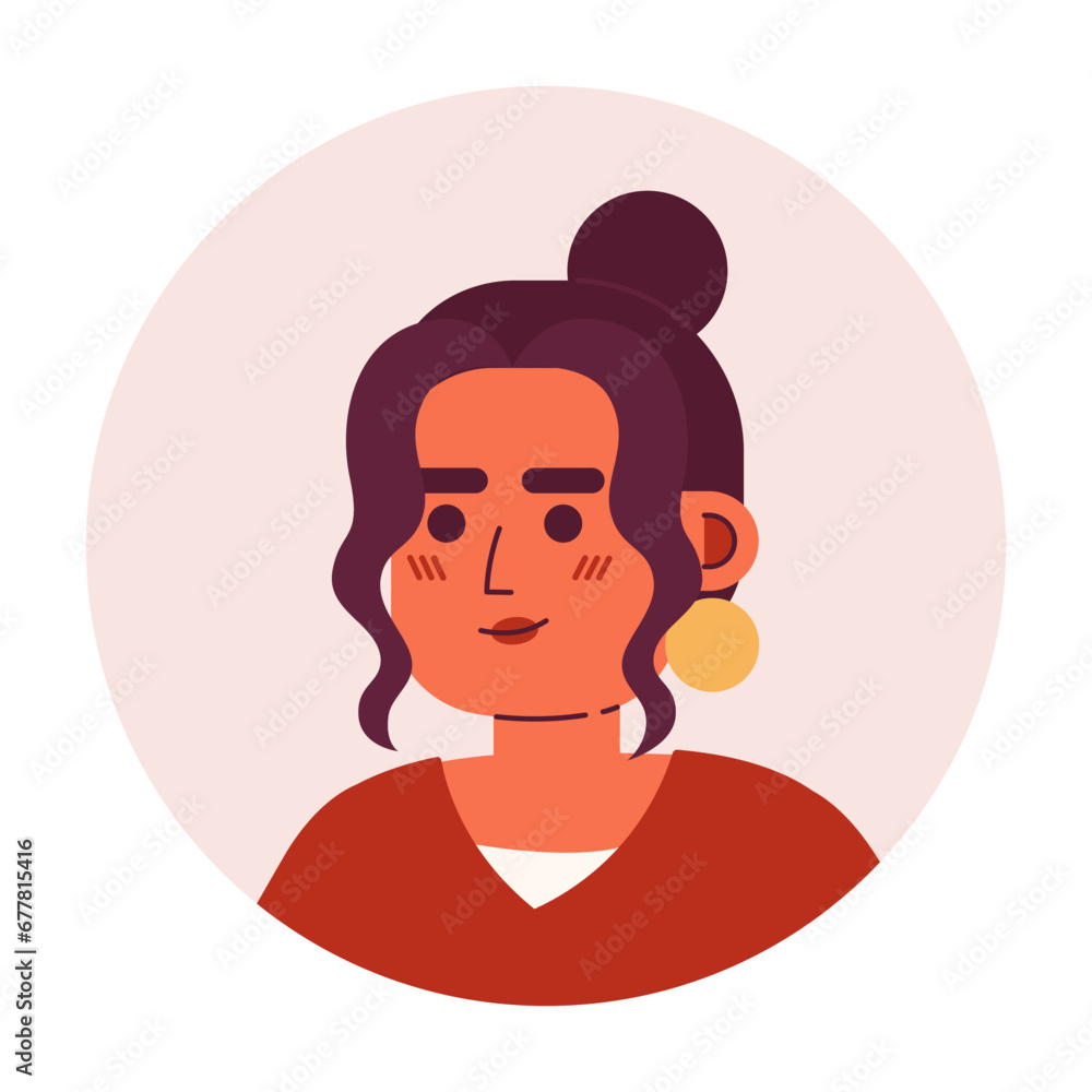 Top knot bun latina pretty smiling 2D vector avatar illustration. Headshot hispanic woman big earring cartoon character face portrait. Relaxed pose flat color user profile image isolated on white Top knot bun latina pretty smiling 2D vector avatar illustration. Headshot hispanic woman big earring cartoon character face portrait. Relaxed pose flat color user profile image isolated on white