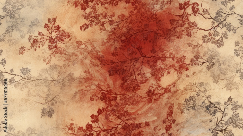  a painting of a tree with red leaves on it's branches and leaves on it's back ground.