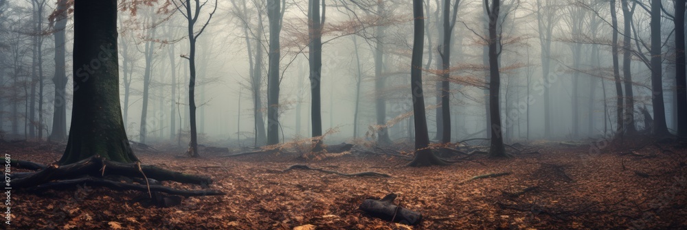 Fototapeta premium A foggy forest in autumn, banner