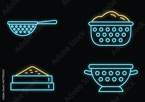 Kitchen sieve icons set. Outline set of kitchen sieve vector icons neon color on black