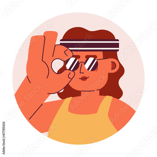 Athletic headband latina wearing sunglasses 2D vector avatar illustration. Fashionable latinamerican cartoon character face portrait. Express yourself flat color user profile image isolated on white