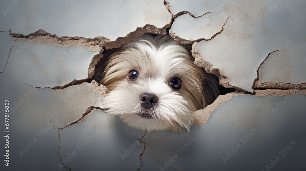 a small white dog peeking out of a hole in the wall with his head ...