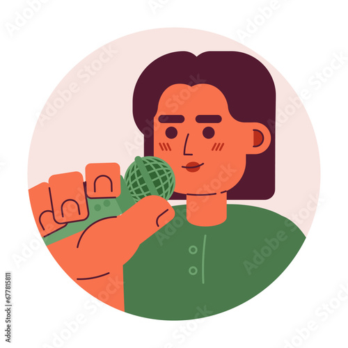 Professional latinamerican female speaker 2D vector avatar illustration. Office lady speaking into mic cartoon character face portrait. Mike announcer flat color user profile image isolated on white