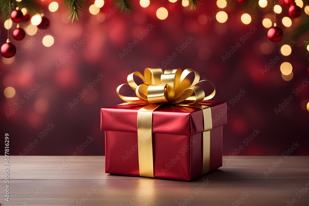 red gift with gold ribbon on festive New Year background with bokeh red gift with gold ribbon on festive New Year background with bokeh
