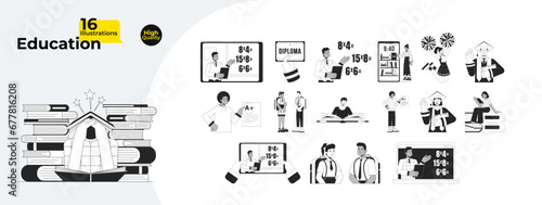 Education studying black and white cartoon flat illustration bundle. Diverse people school college students 2D lineart characters isolated. Distance learning monochrome vector outline image collection