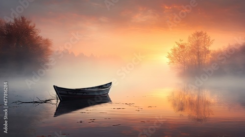  a boat floating on top of a lake next to a forest covered in fog and sun shining through the clouds. © Olga