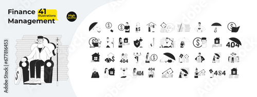 Finance management black and white 2D illustration concepts bundle. Money people diverse cartoon outline characters isolated on white. Mortgage home, piggy metaphor monochrome vector art collection