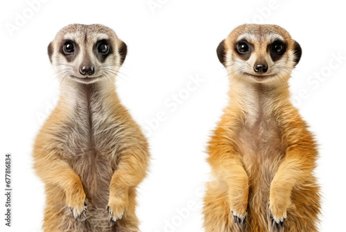 Two beautiful small meerkat stands on its hind legs and looks into the camera isolated on a white background. Cute male and female Suricata suricatta standing upright facing front close up